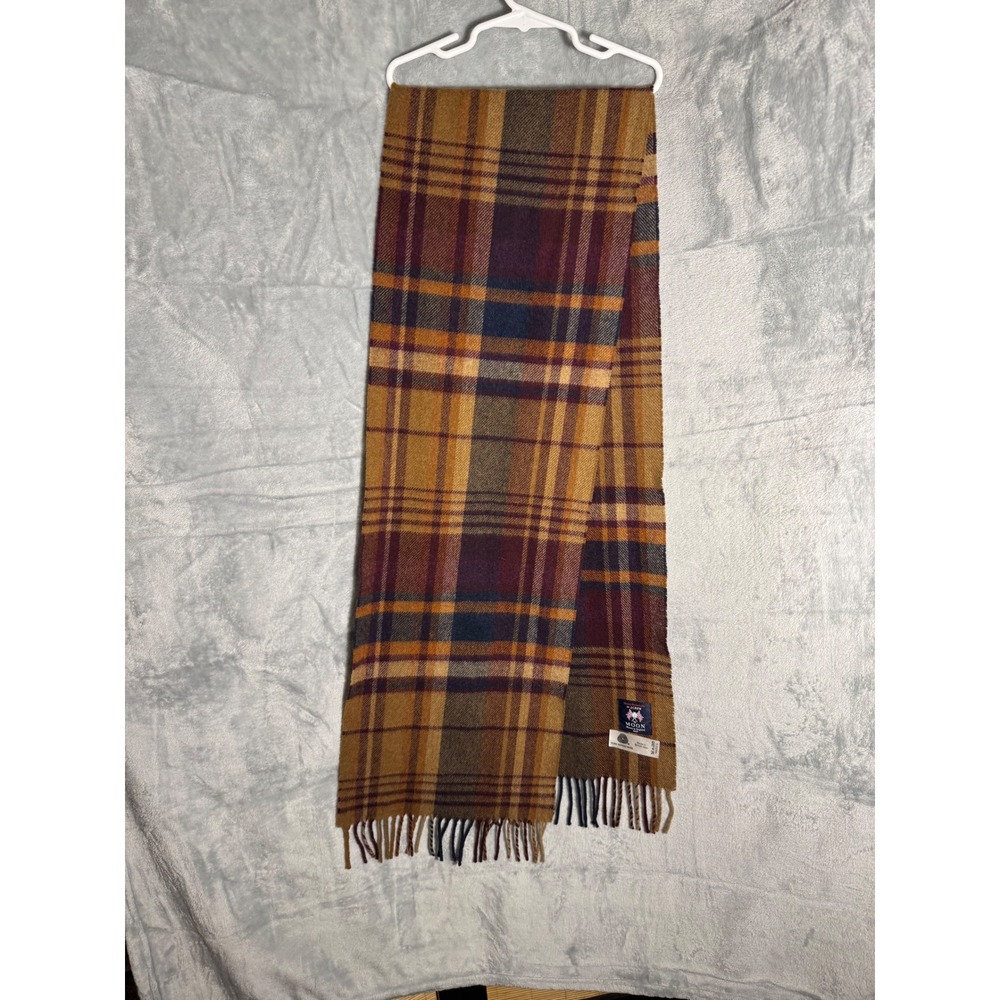 J.Crew Moon‎ Merino Wool Plaid Scarf Made in England Yellow Burgundy Fringed